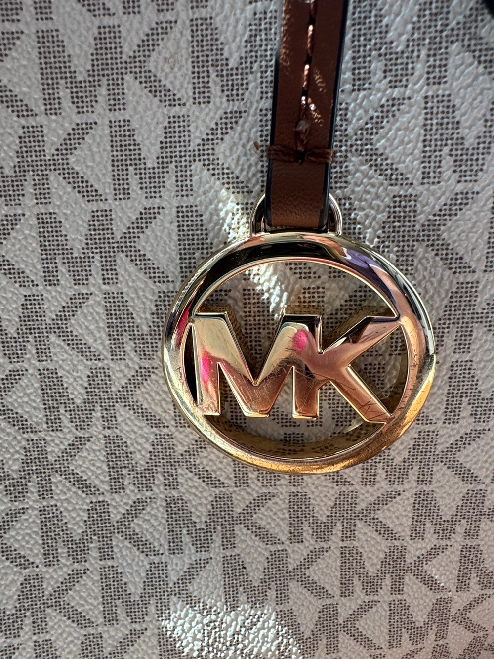 Michael Kors Beige Signature MK Tote with Brown Leather Trim - Picture 2 of 13